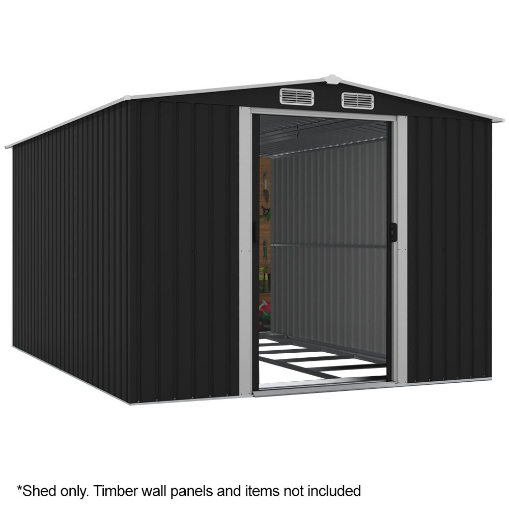 PLANTCRAFT Galvanised Steel Garden Shed 2.58 x 3.13 x 2.02m, with 2 Sliding Doors, 4 Air Vents, Gable Roof, Floor Frame