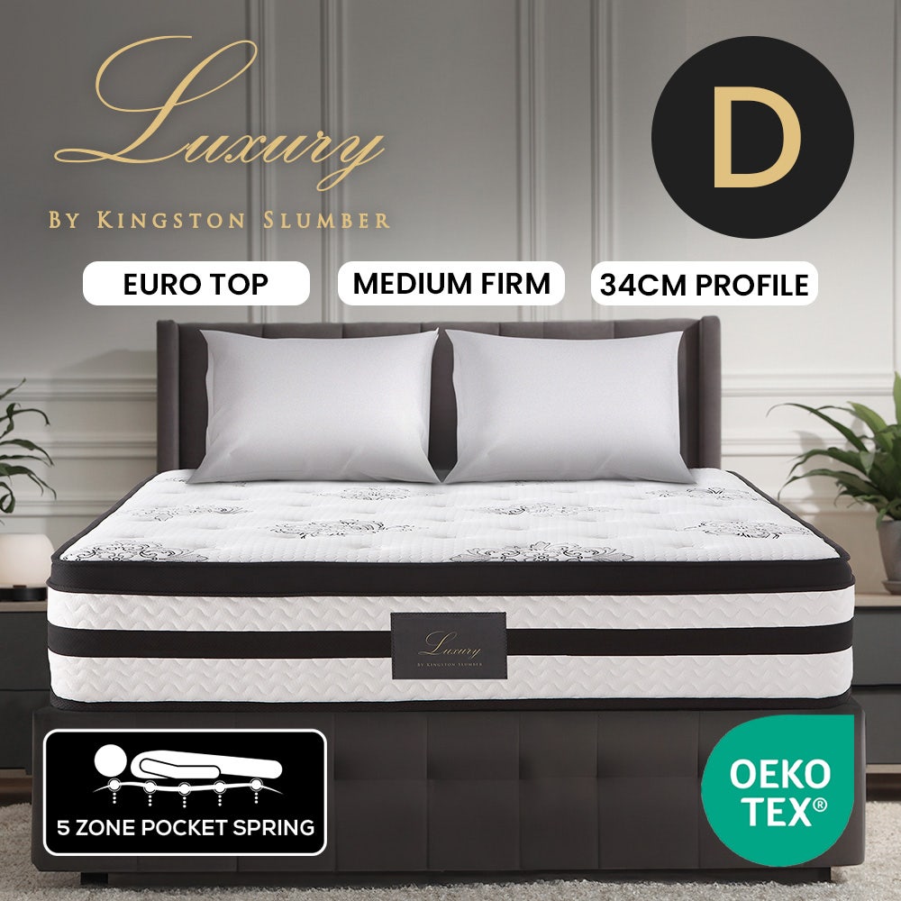 KINGSTON SLUMBER Luxury 34cm Double Mattress, Medium Firm, Euro Top, 5-Zone Pocket Spring Foam