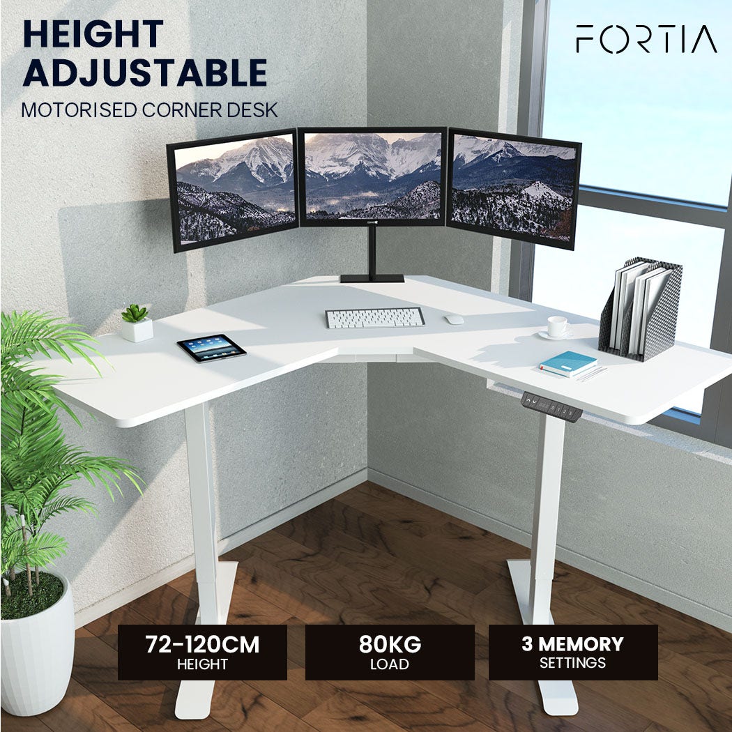 FORTIA Corner Standing Desk, 980W x 980W x 480D, Dual Motor, 80kg Load, Sit to Stand Up Electric Height Adjustable, White/White Frame