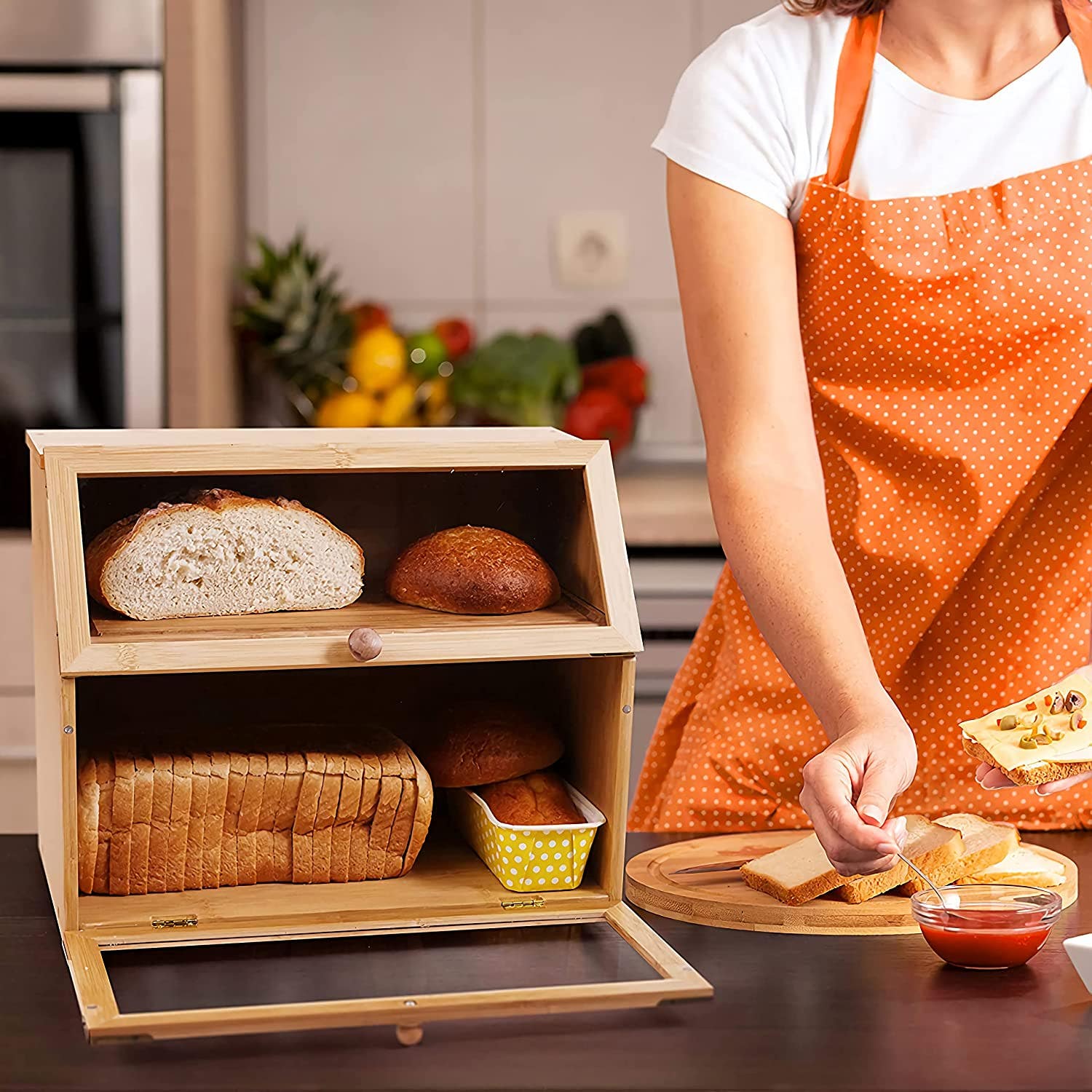 Carla Home Vikus Bamboo Clear Windowed Double Layer Farmhouse Style Large Bread Box