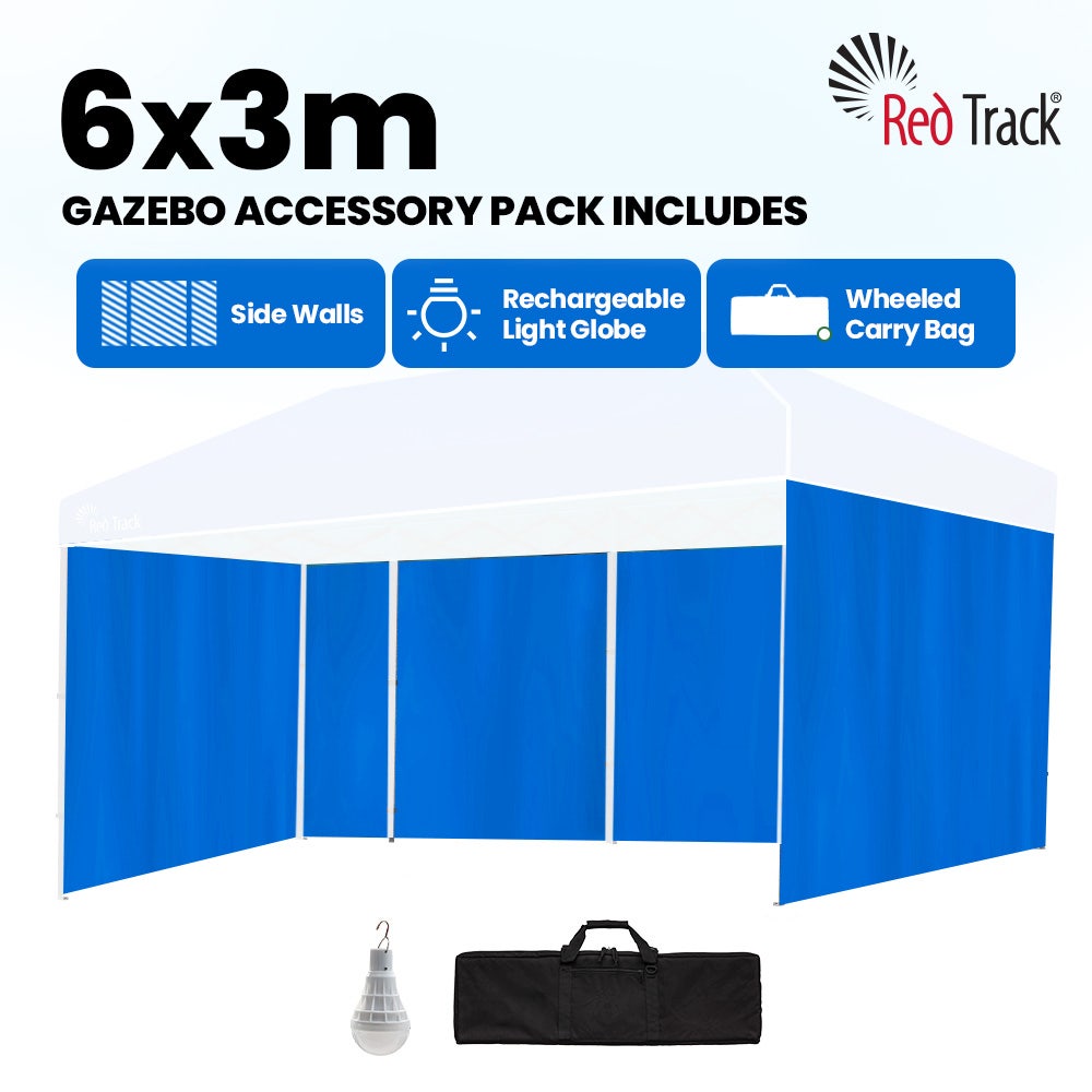 RED TRACK Accessory Pack for 6x3m Blue Gazebo, includes Walls, Wheeled Carry Bag, Rechargeable USB Lamp