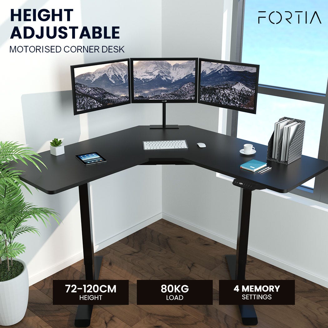 FORTIA Corner Standing Desk, 980W x 980W x 480D, Dual Motor, 80kg Load, Sit to Stand Up Electric Height Adjustable, Black/Black Frame