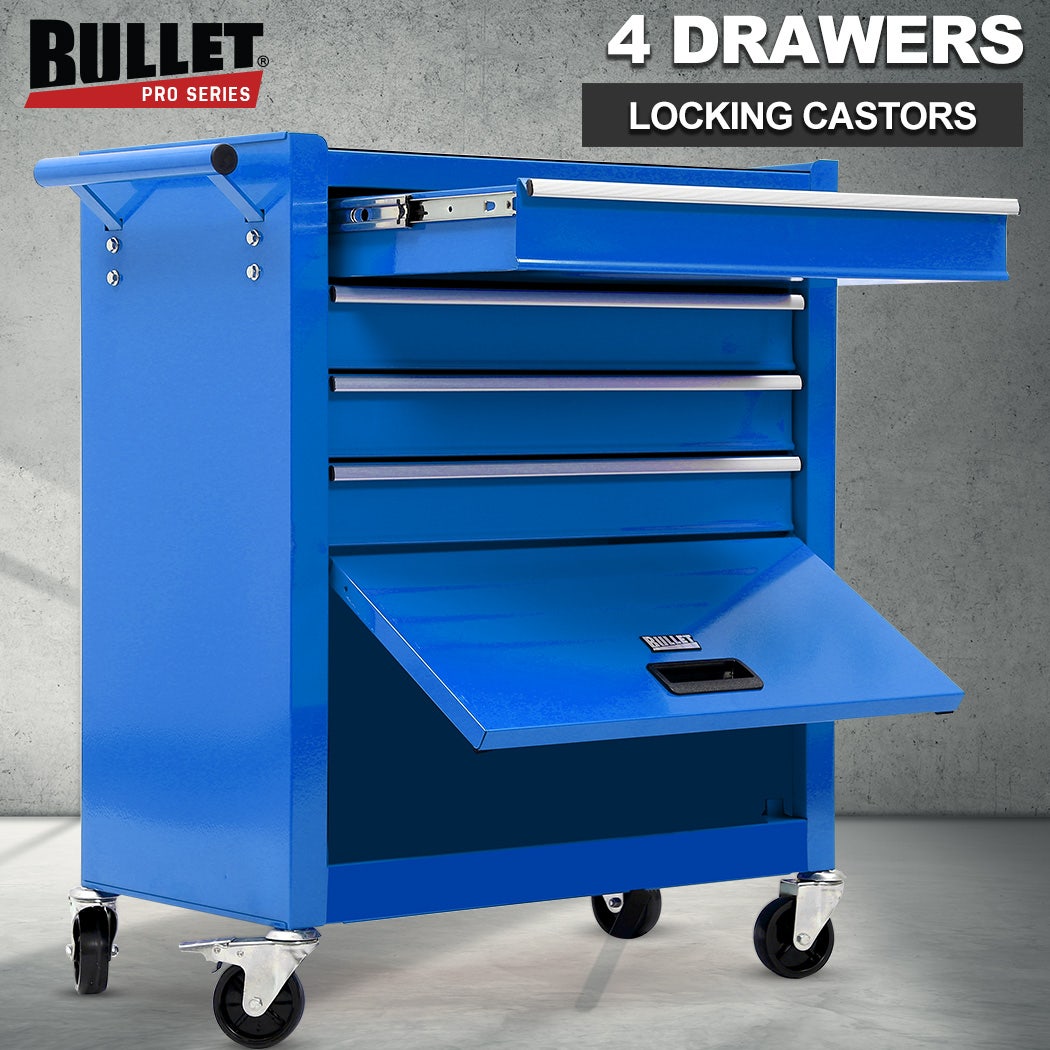 BULLET Pro 4 Drawer Tool Box Cabinet Trolley Storage, with 1-Door Toolbox Garage Organiser Set, Blue