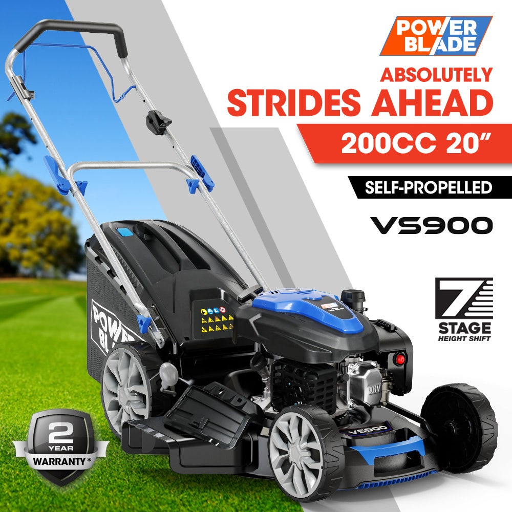 POWERBLADE 20" 200cc Self-Propelled Lawn Mower, 7 Height, Steel Deck, Deck Wash Port, OHV 4-Stroke Petrol - VS900