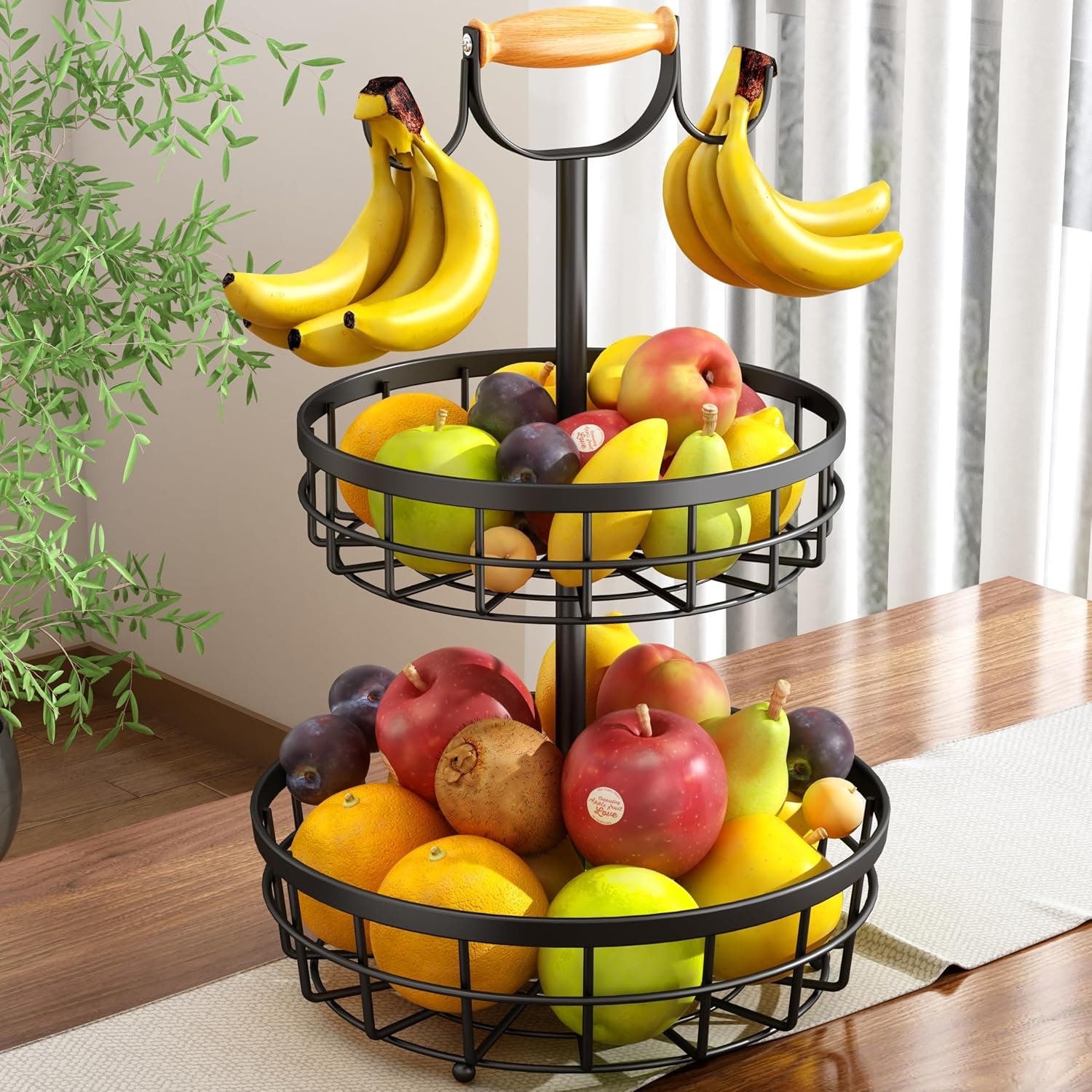 CARLA HOME 2-Tier Wood Lift Handle & Dual Integrated Banana Hanger Fruit Basket Bowl