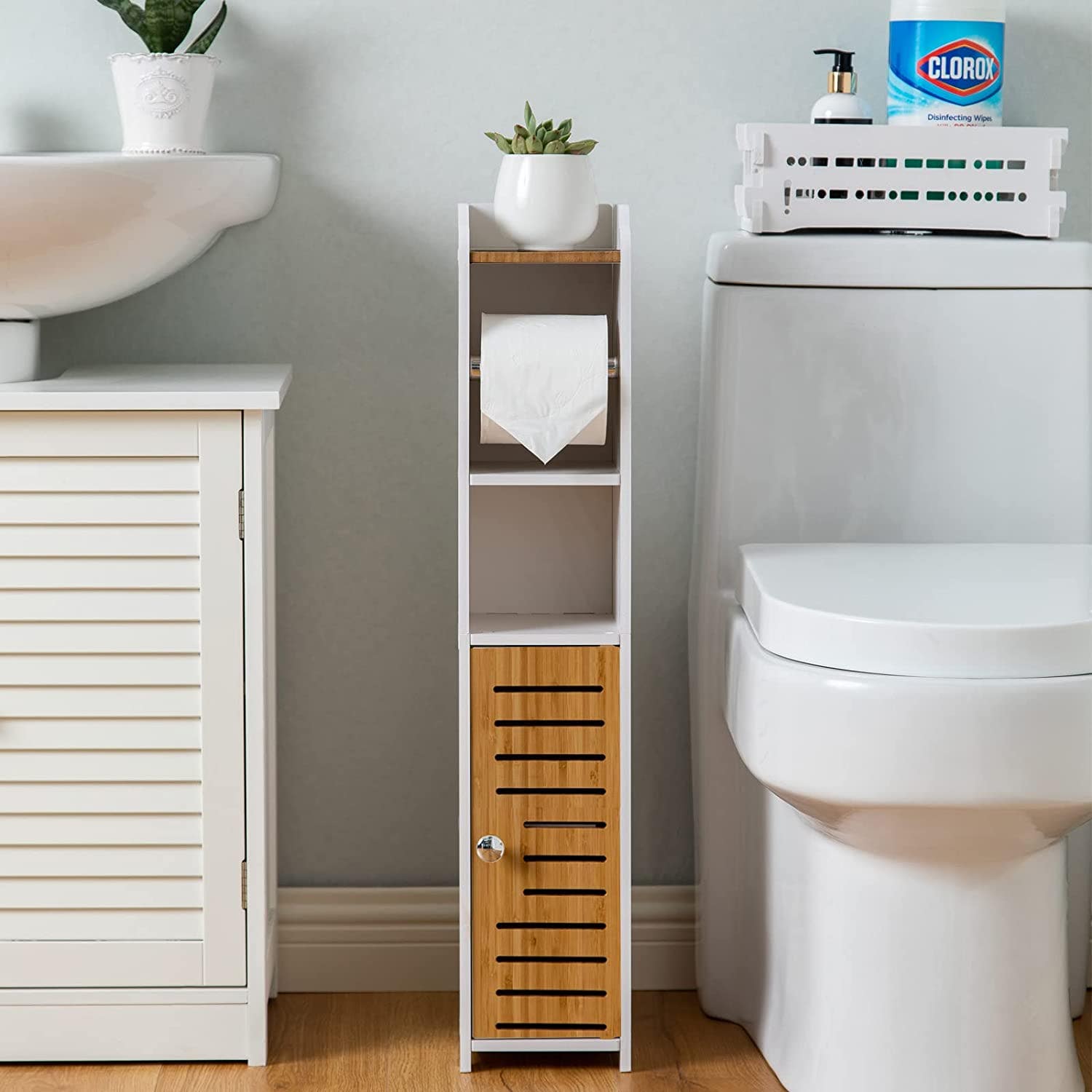 Carla Home Vikus 76cm Slim Toilet Paper Roll Holder and Storage Cabinet - White Bamboo
