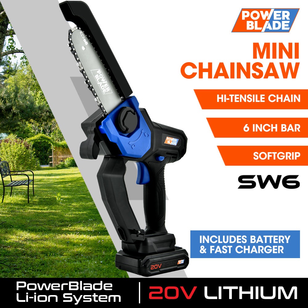 POWERBLADE SW6 20V Cordless Mini Chainsaw Kit, Electric Tree Pruner with Battery & Fast Charger