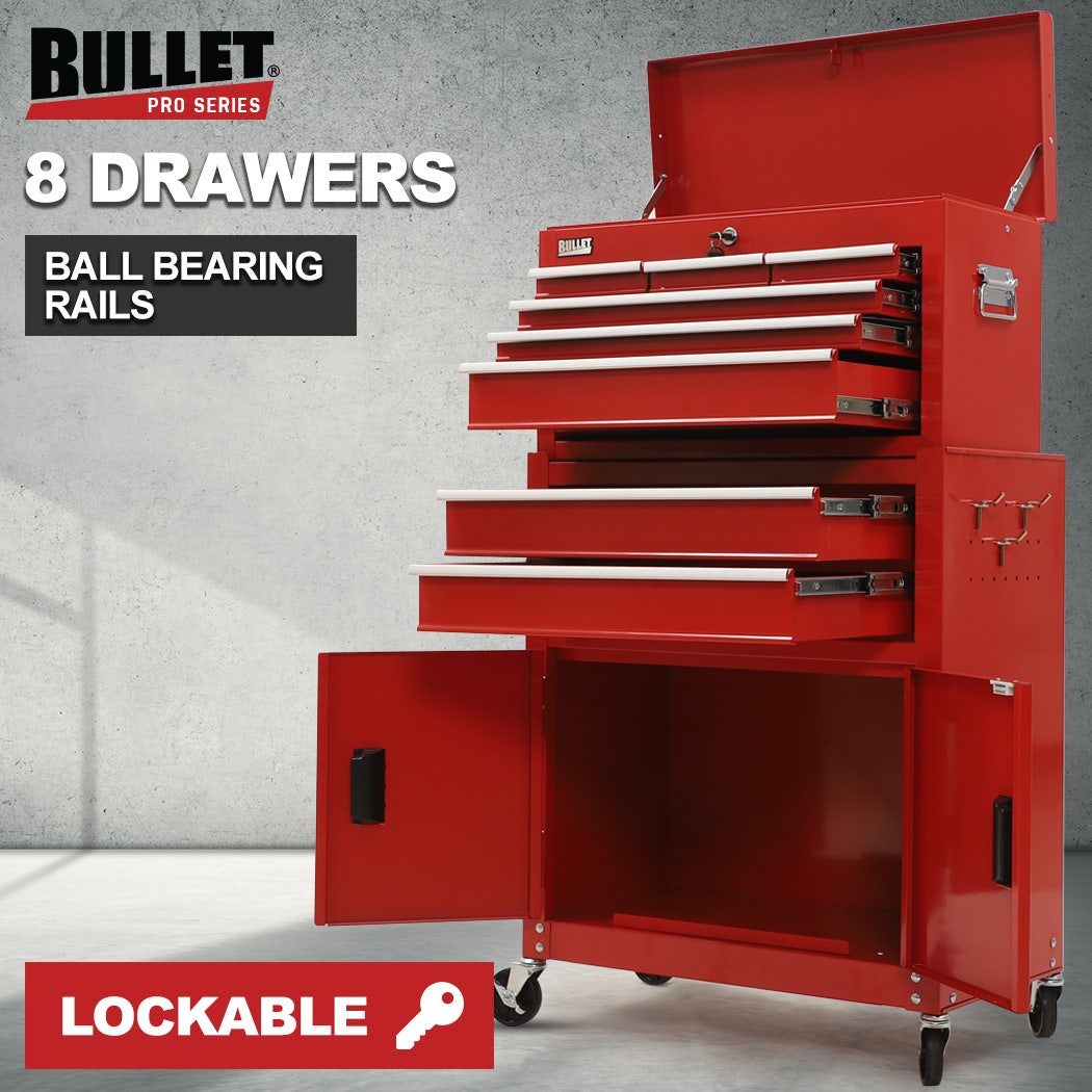 BULLET Pro 8 Drawer Tool Box Chest Cabinet Storage, with 2-Door Toolbox Garage Organiser Set, Red