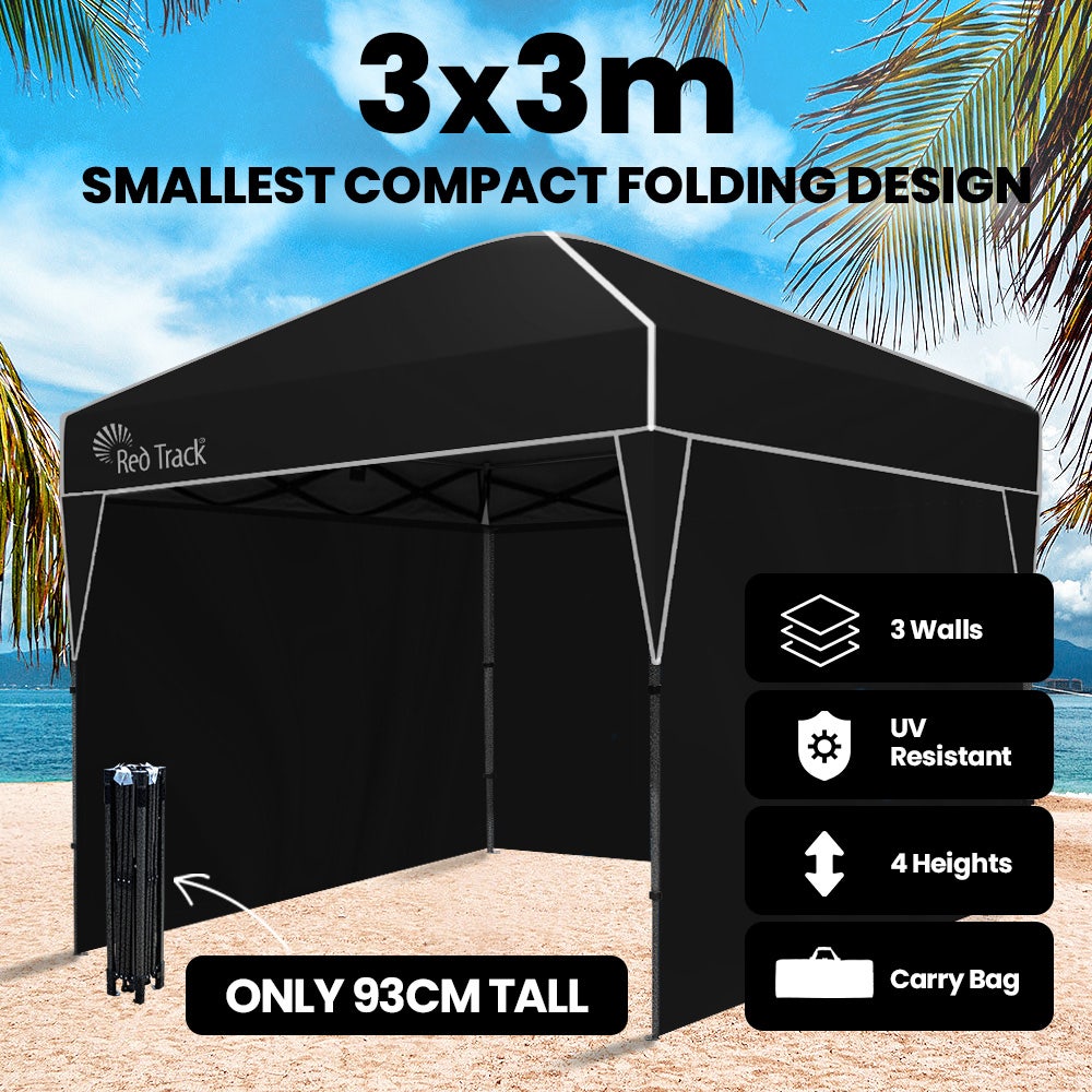 RED TRACK 3x3m Ultra Compact Folding Gazebo, Walls, Carry bag, Portable Outdoor Popup Marquee for Camping Beach, Black