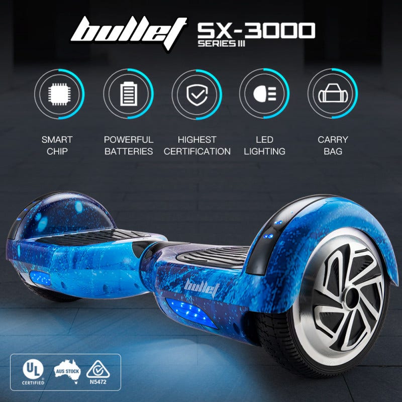 BULLET Gen III Hoverboard Scooter, Superior Self Balancing System, Dual Copper Motors, UL Certified, 6.5" Wheels, LED Lights, Carry Bag, Galaxy Blue