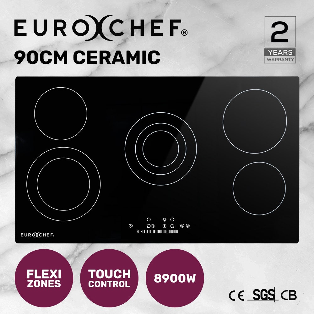 EUROCHEF 90cm 5 Zone Ceramic Cooktop, 8900W Electric, FlexiZone Adjustable Size Hobs, Touch Controls