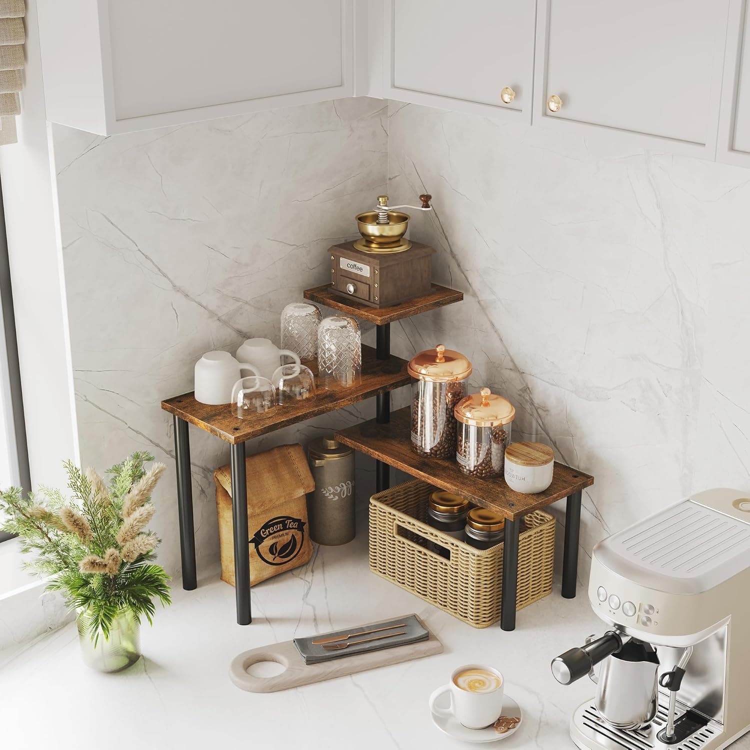CARLA HOME 3-Tier Shelf Wooden Design with Hooks Corner Kitchen Spice Rack Organiser