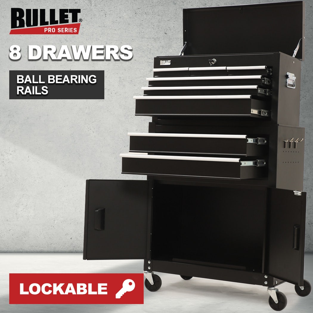 BULLET Pro 8 Drawer Tool Box Chest Cabinet Storage, with 2-Door Toolbox Garage Organiser Set, Black