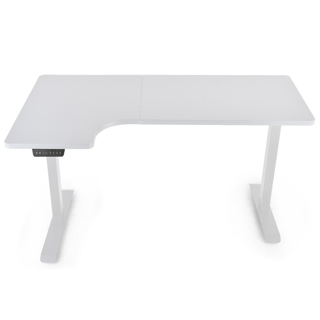 FORTIA L-Shape Standing Desk, 1450W x 600D x 850D, Dual Motor, 80kg Load, Sit to Stand Up Electric Height Adjustable, Left-Hand Sided, White/White Frame