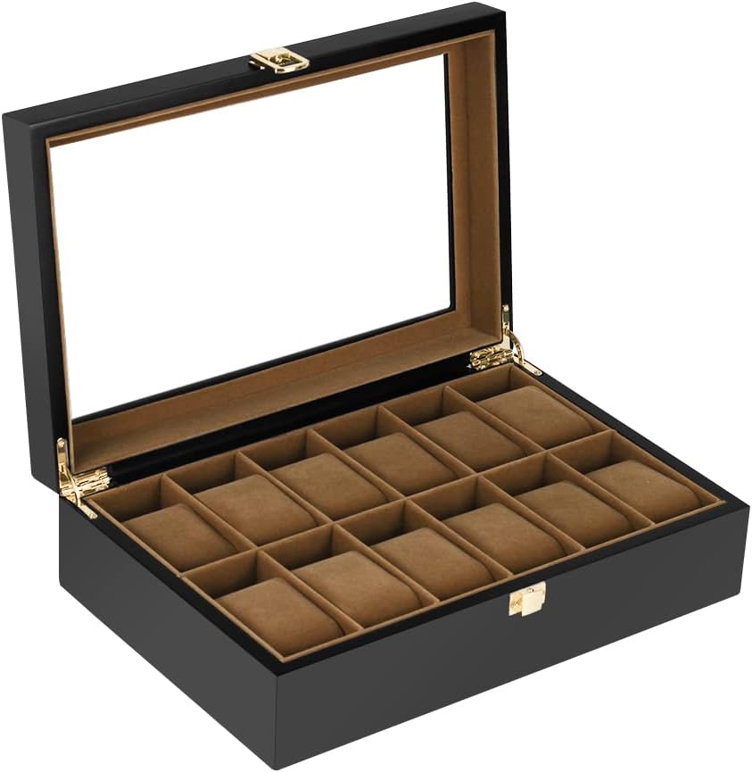 Carla Home Vikus 12-Slot Felt-Lined Mens Wooden Watch Display Box - Black