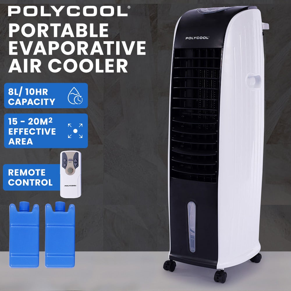 POLYCOOL 8L Evaporative Air Cooler Portable Home Fan, Purifier, Humidifier, Remote Control, Black and White