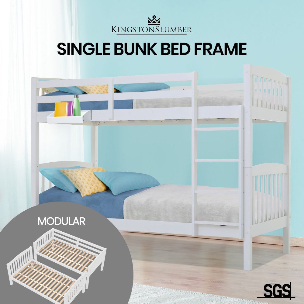 KINGSTON SLUMBER Wooden Kids Bunk Bed Frame, with Modular Design that can convert to 2 Single, White