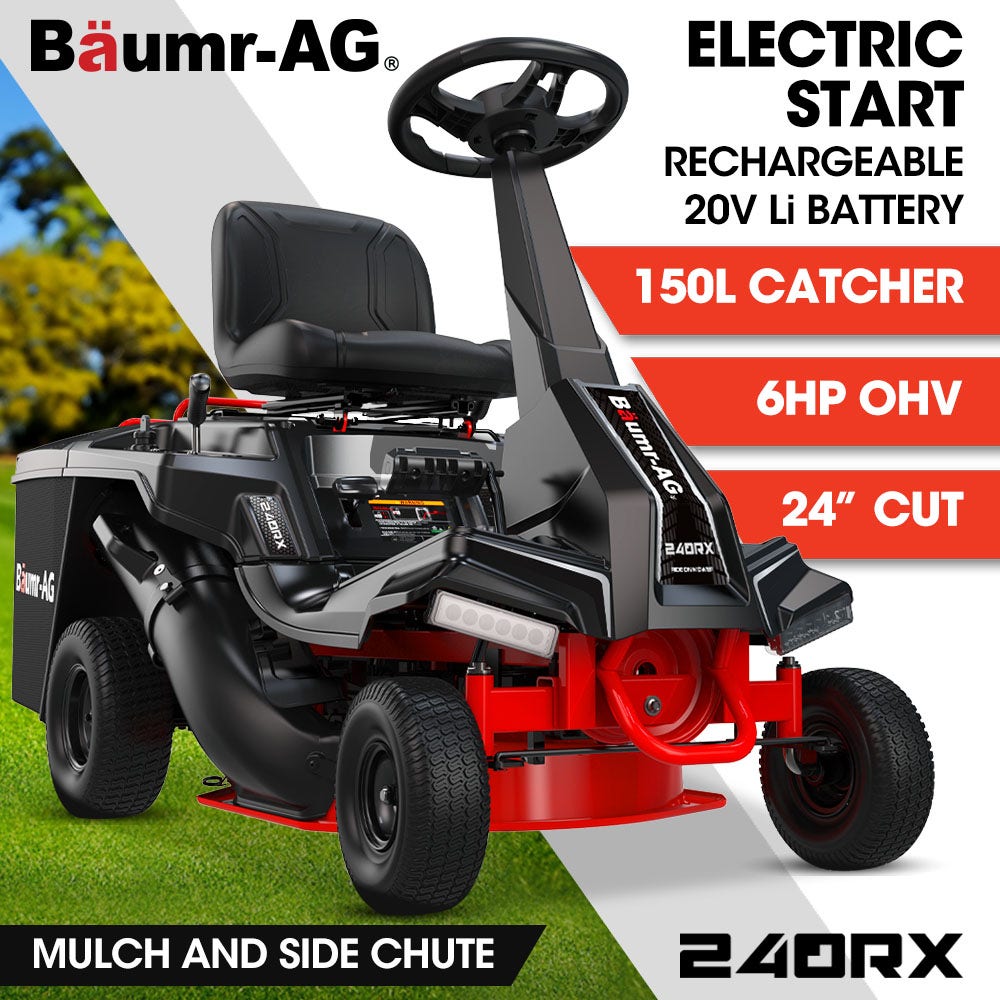 BAUMR-AG 24" Ride On Lawn Mower, Lithium Electric Start System, 6HP 224cc, 5 Cut Heights, Catcher and Mulch Kit