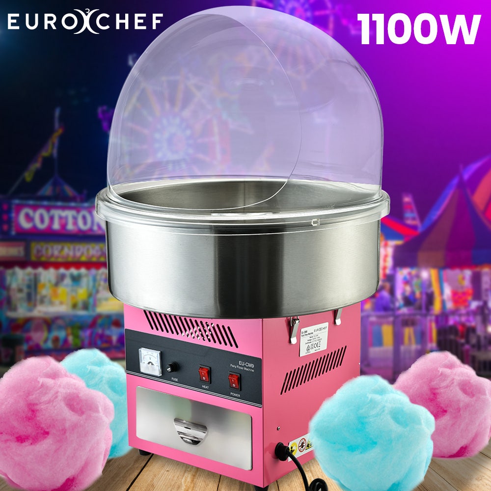 EUROCHEF 1100W Commercial Fairy Floss Machine, Cotton Candy Maker with Bubble Cover