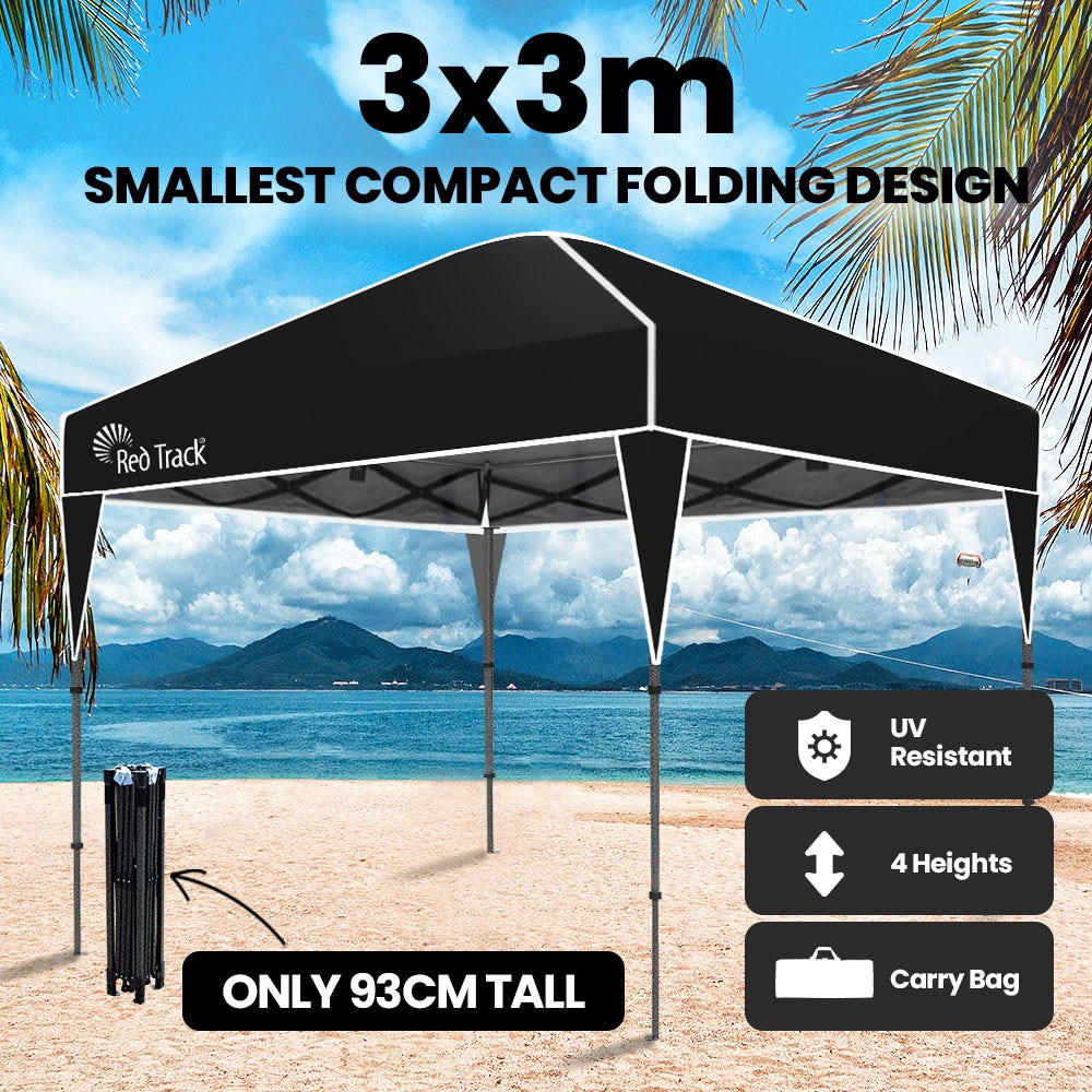 RED TRACK 3x3m Ultra Compact Folding Gazebo, Carry bag, Portable Outdoor Popup Marquee for Camping Beach, Black