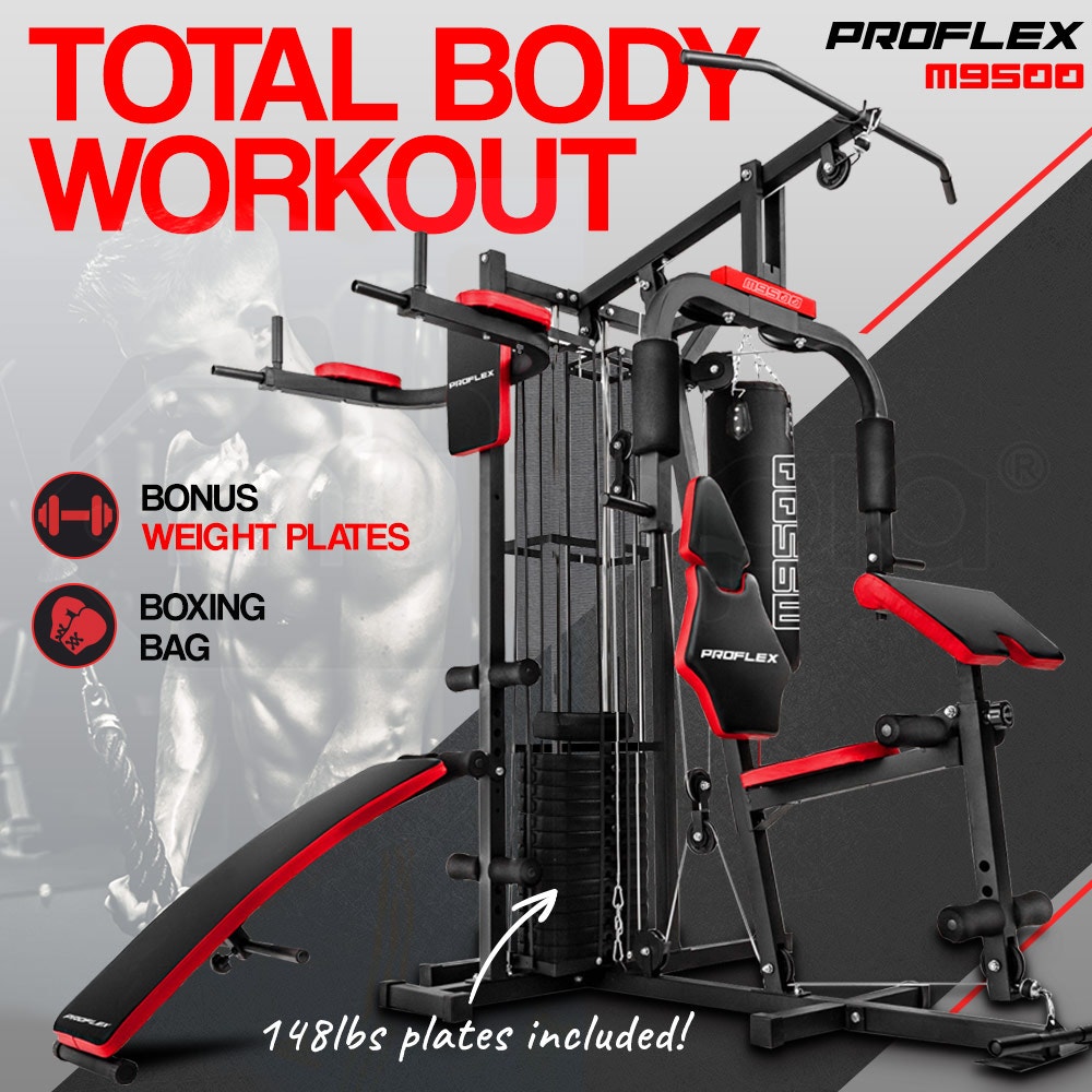 Proflex Red Multi Station Home Gym Set with 148lbs Plates & Boxing Bag- M9500