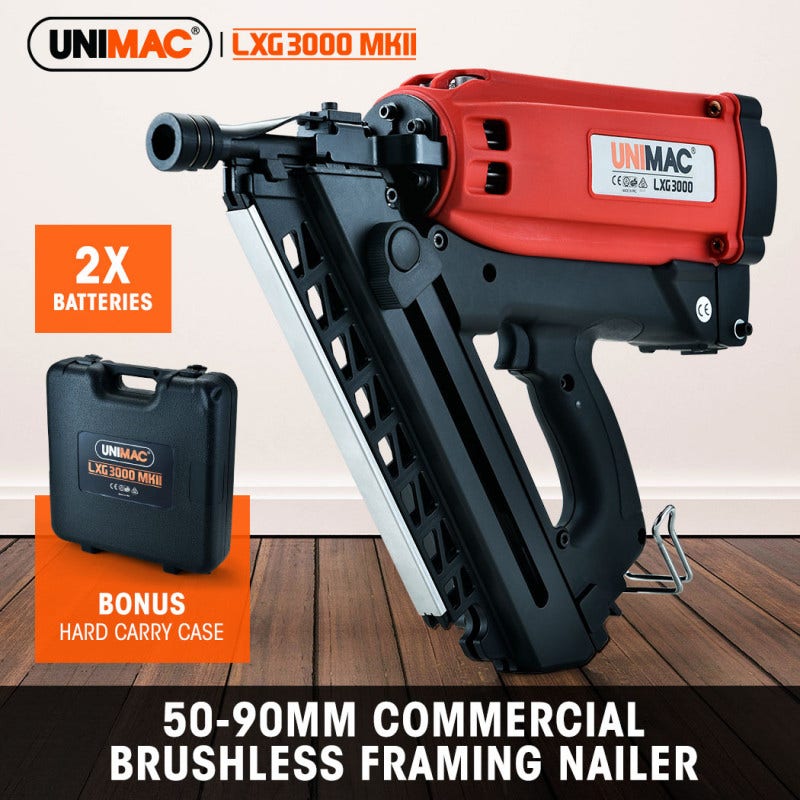 UNIMAC LXG3000 MkII 50-90mm 34-Deg Gas Framing Nail Gun, Commercial Brushless Gas Nailer, with 2 Li-Ion Batteries