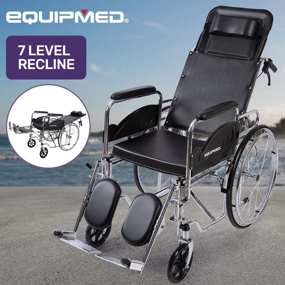 EQUIPMED Folding Manual Reclining Wheelchair Self Propelled, 24" Rear Wheels, Chrome Steel Frame, 46cm Wide Seat, 100kg Capacity, Park Brakes