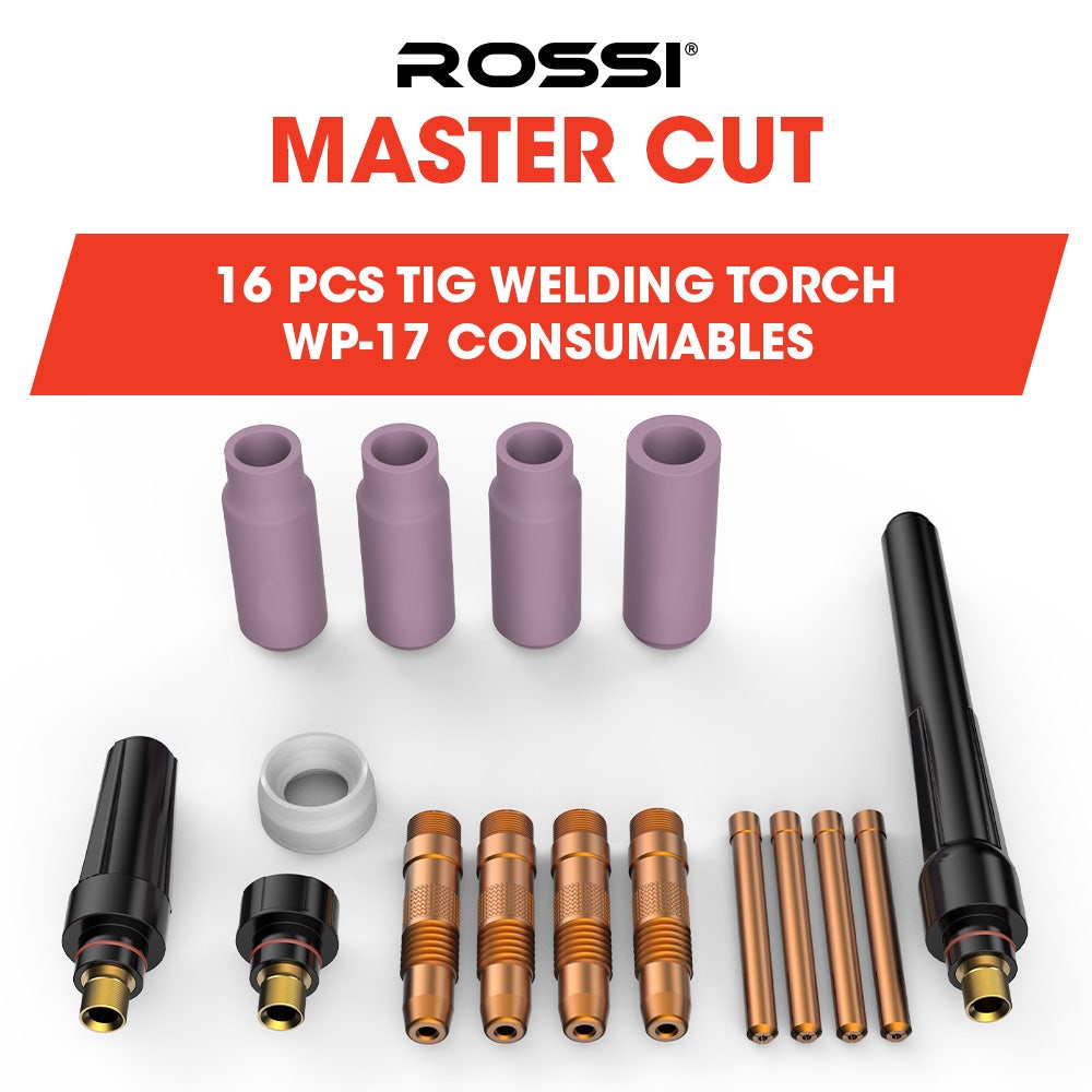 ROSSI 16pc Welding Consumables Kit to Suit 17/18/26 TIG Torch, Includes Alumina Nozzle Cups, Collets
