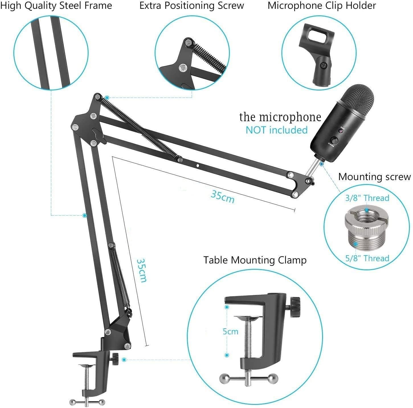 Microphone Radio Broadcasting Stand with 3/8" to 5/8" Screw Adapter and Windscreen Pop Filter