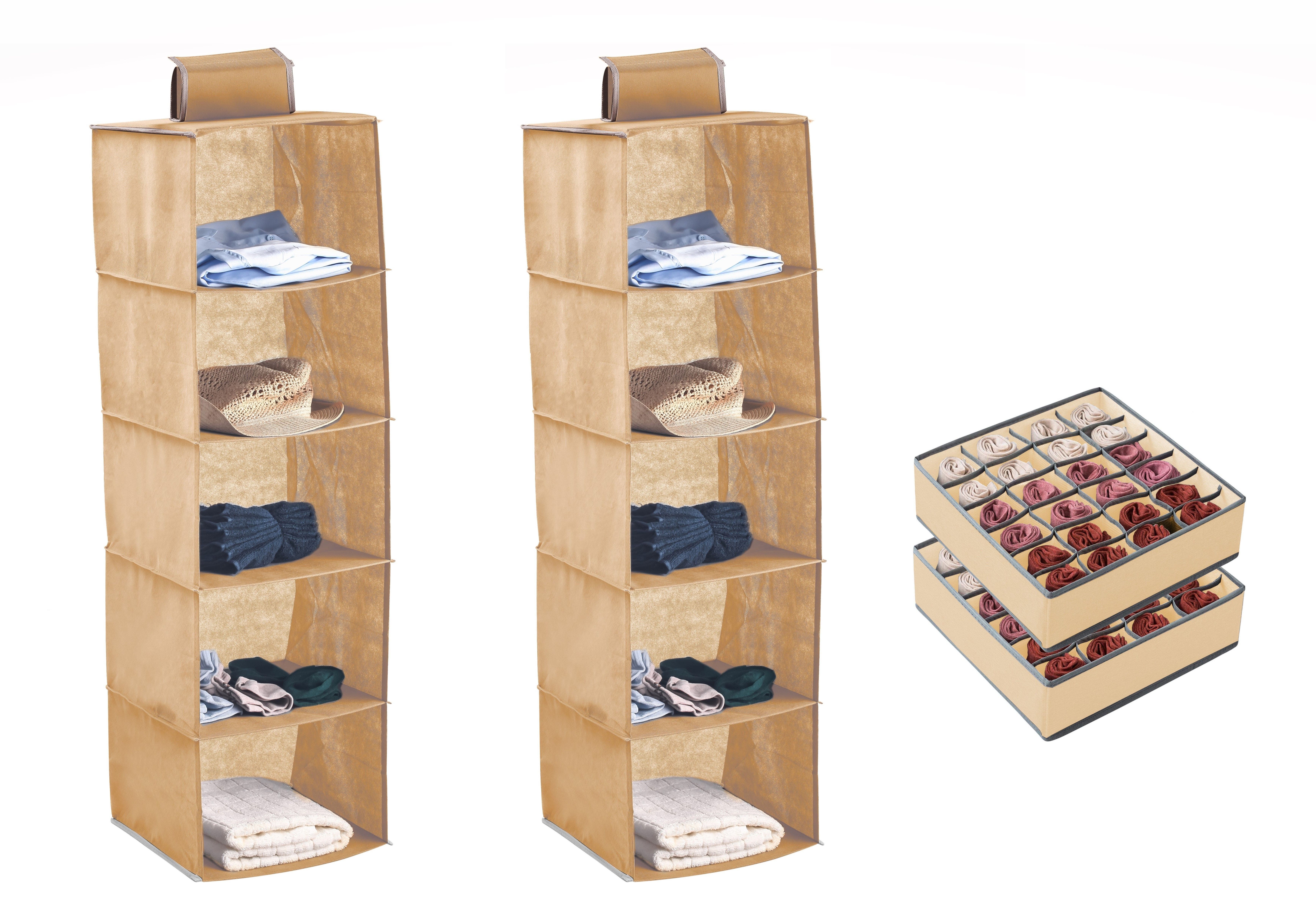 CARLA HOME 4Pk Fabric Drawer Organiser & Hanging Clothes Storage Combo - Beige