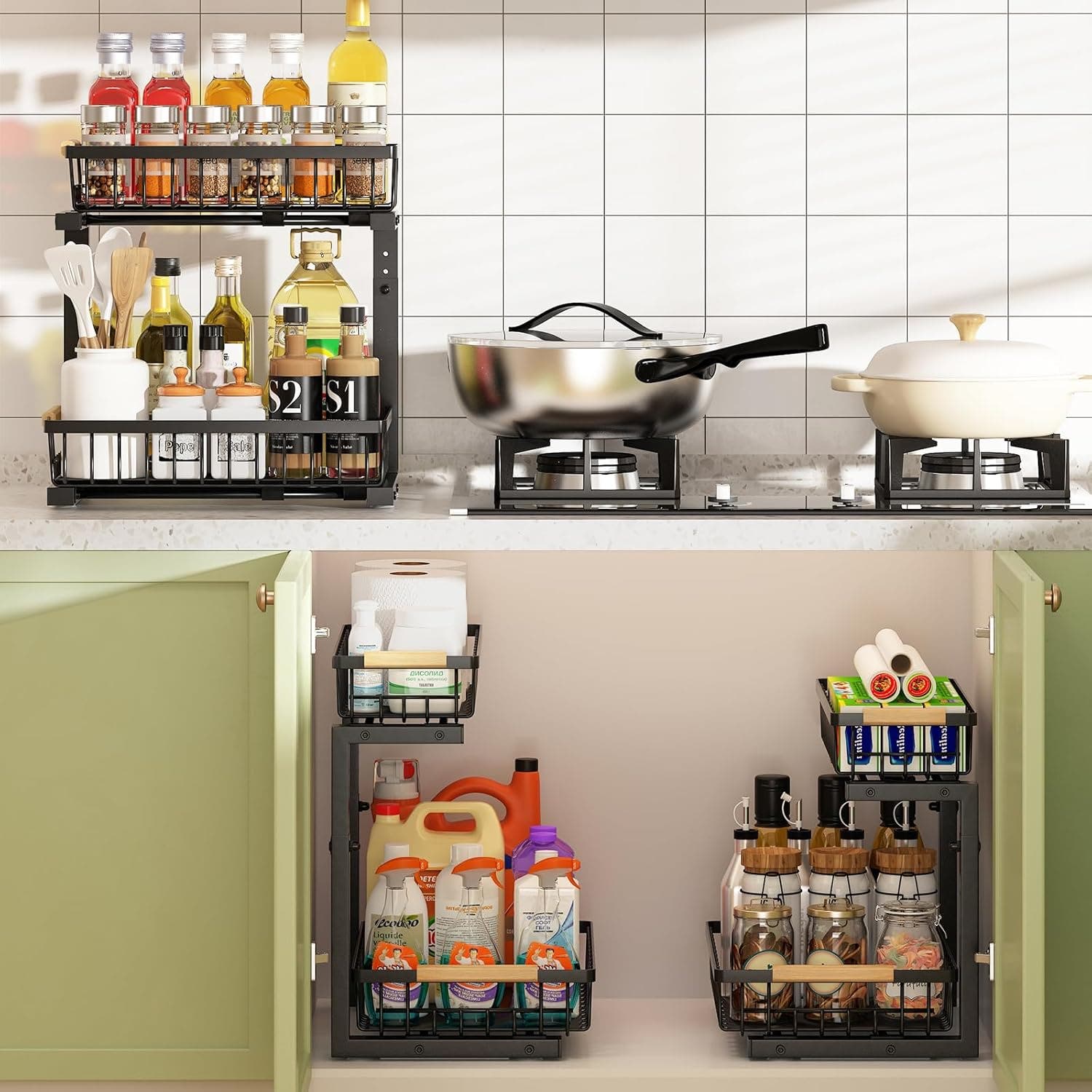 CARLA HOME 2-Tier Height Adjustable Suction Cupped Sliding Under-sink Organiser - Black