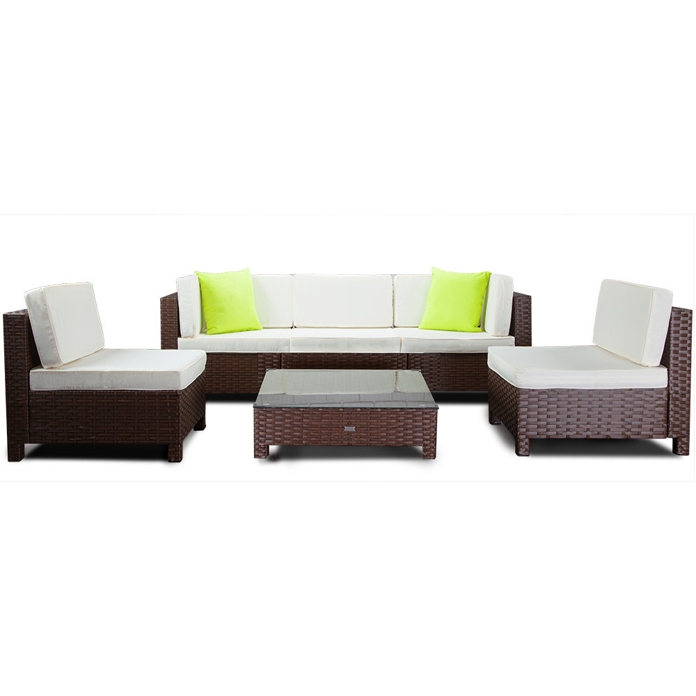 LONDON RATTAN Modular Sofa Outdoor Lounge Furniture 6pc Wicker Brown Cream