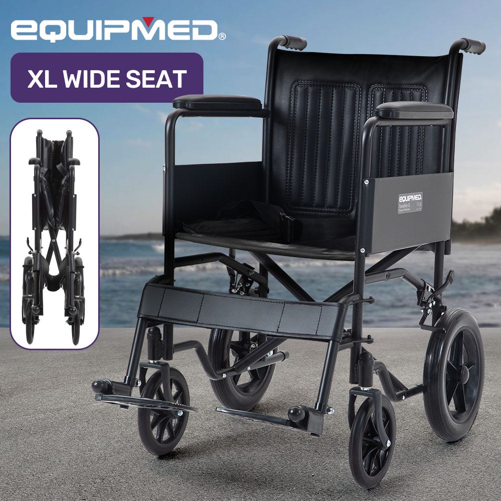 EQUIPMED Folding Transit Manual Wheelchair, Attendant Propelled, Steel Frame, Wide Seat, Comfortable for S-XL, 114kg Capacity, Park Brakes, Transport