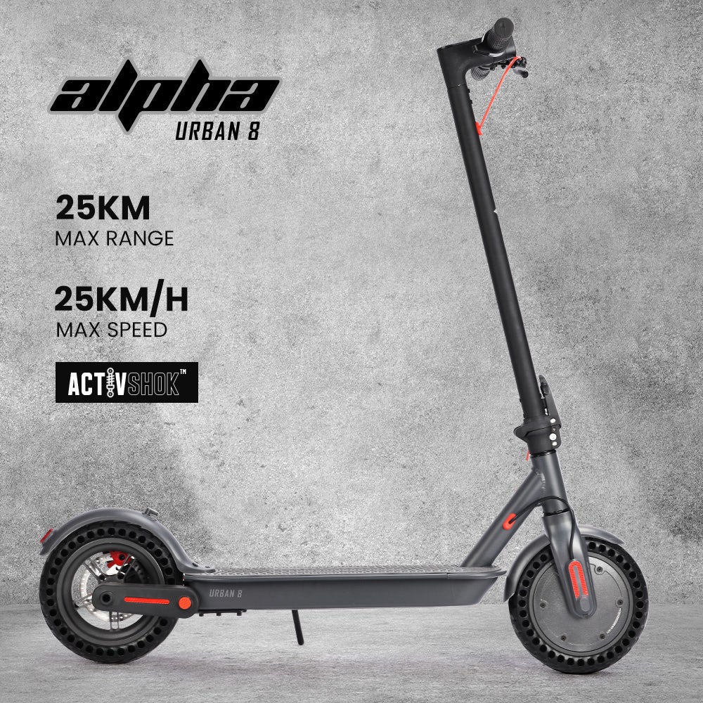 ALPHA Urban 8 Electric Scooter, Suspension, 25km Range, 8.5-Inch Wheels, Brushless Motor, Motorised Commuter eScooter for Adults, Grey