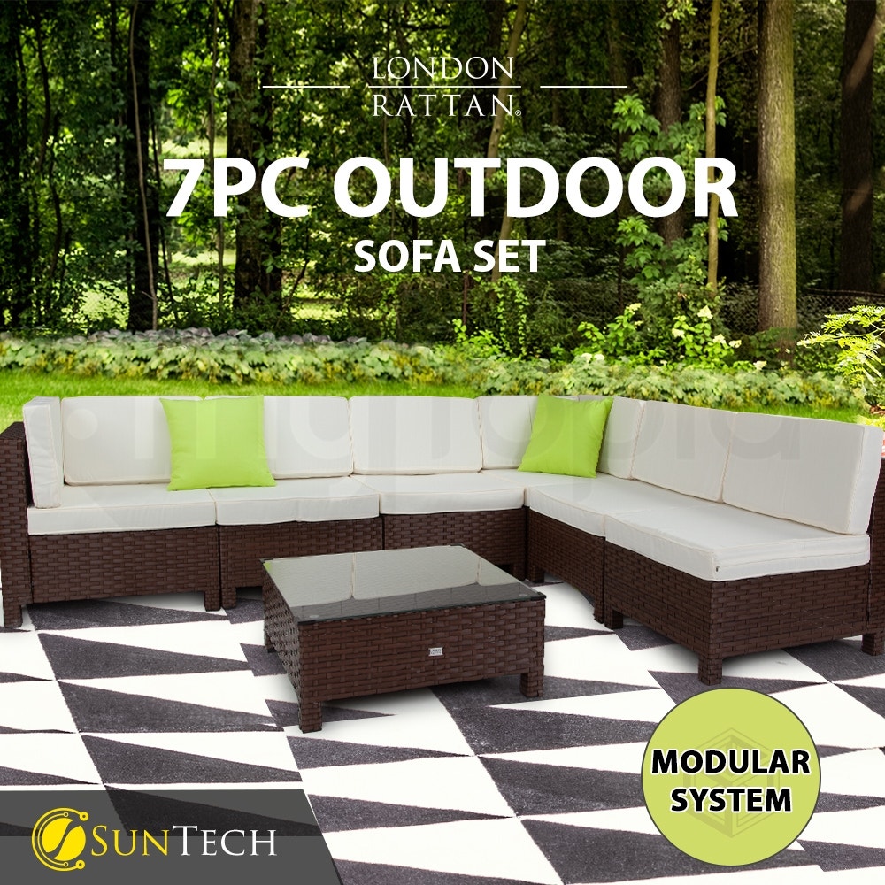 LONDON RATTAN Modular Sofa Outdoor Lounge Set 7pc Wicker Brown Beige