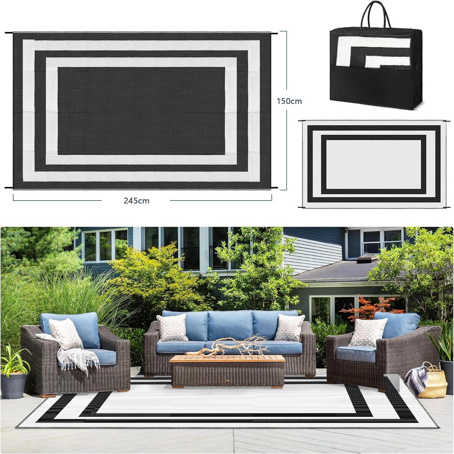 Carla Home Genux 245 x 150cm Rectangle Design Reversible Waterproof Extra Large Outdoor Rug