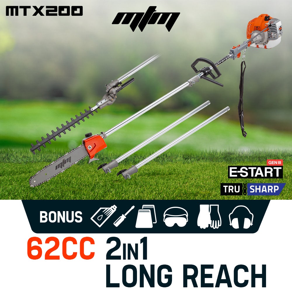 MTM 62cc Long Reach Pole Saw and Hedge Trimmer, 2-Stroke Petrol, 12" Tree Trimming Pruning Chainsaw Bar, 2 Extension Shafts