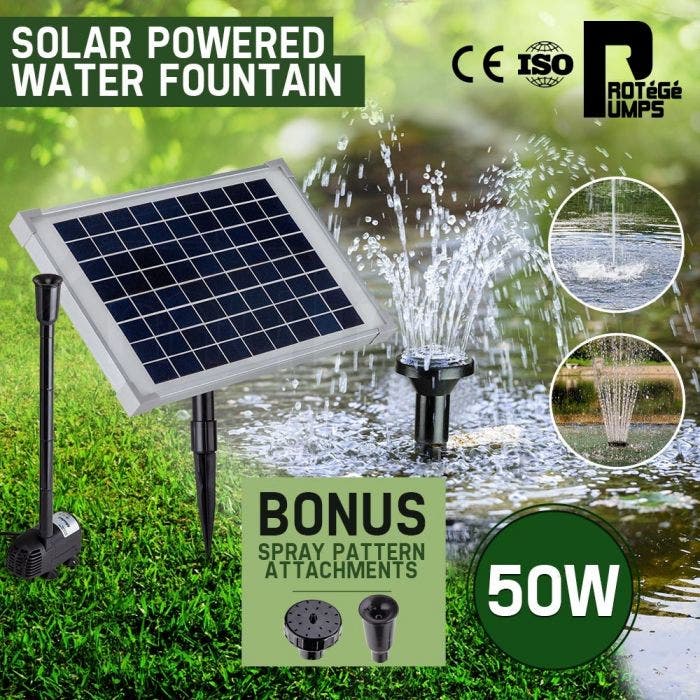 PROTEGE 50W Solar Powered Fountain Submersible Water Pump Pond Kit Power Garden Panel