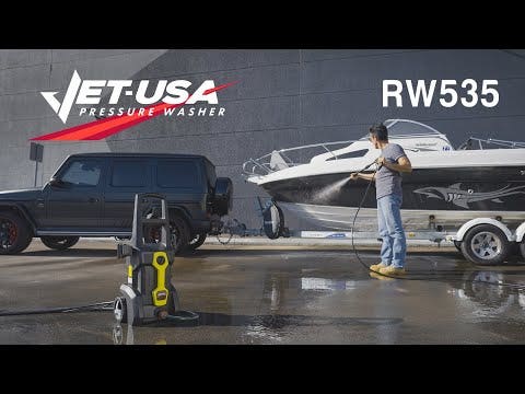 JET-USA RW535 Electric High Pressure Washer, 2600PSI Water Cooled Motor, 2 Nozzles, Brush Head, Deck Cleaner, Detergent Bottle