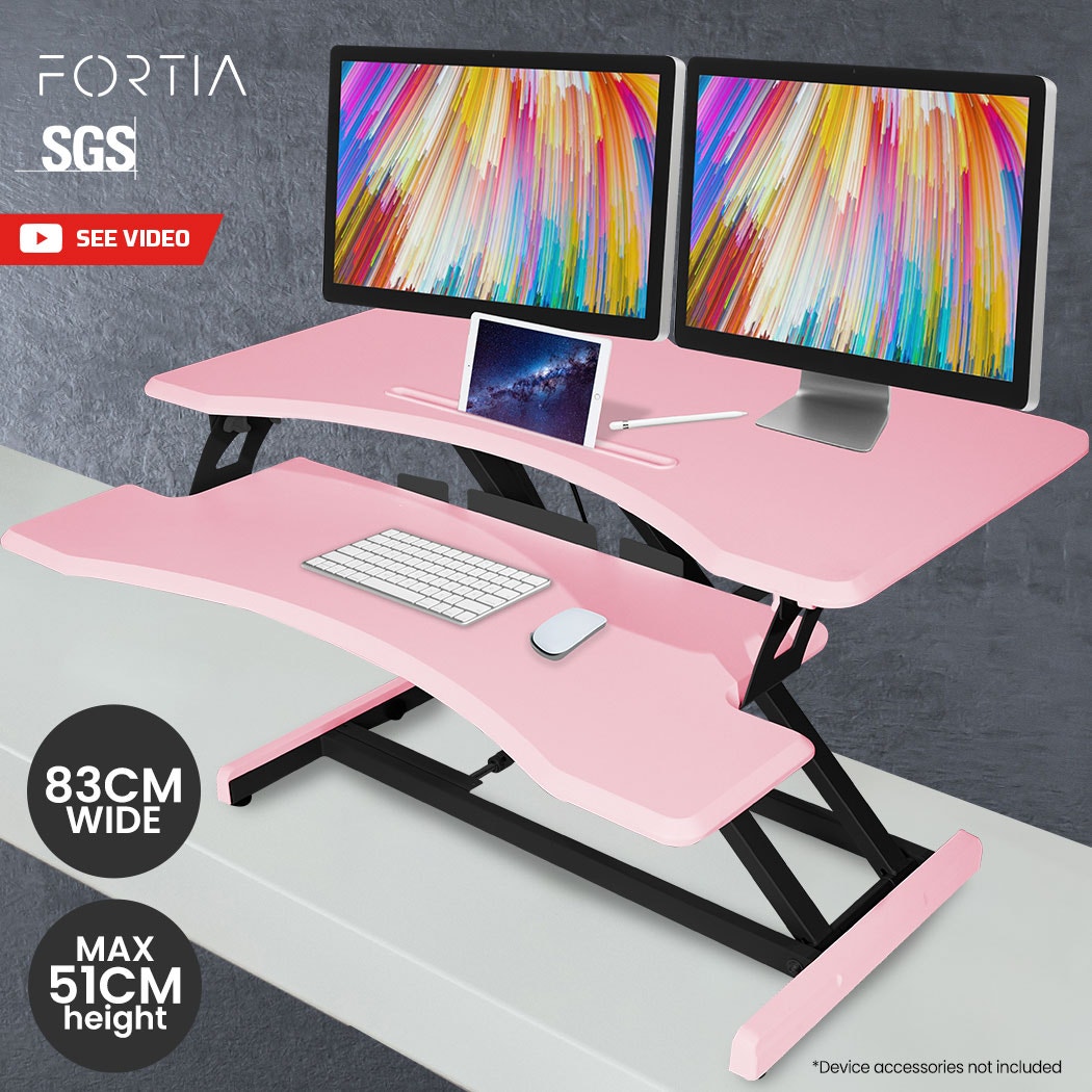FORTIA Desk Riser 77cm Wide Adjustable Sit to Stand for Dual Monitor, Keyboard, Laptop, Pink