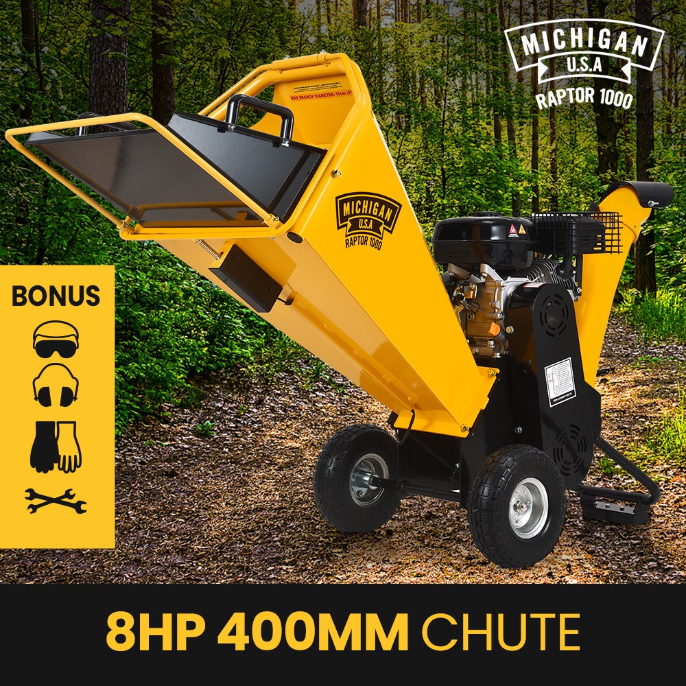 MICHIGAN 8HP 208cc Petrol Commercial Wood Chipper, Tree Mulcher - Raptor 1000