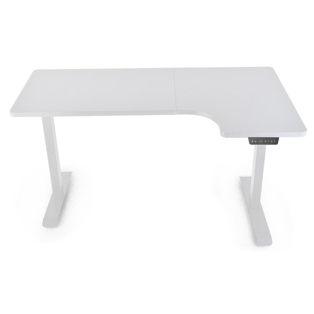 FORTIA L-Shape Standing Desk, 1450W x 600D x 850D, Dual Motor, 80kg Load, Sit to Stand Up Electric Height Adjustable, Right-Hand Sided, White/White Frame