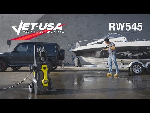 PRE-ORDER JET-USA RW545 Electric High Pressure Washer, 3000PSI Water Cooled Motor, 2 Nozzles, Brush Head, Deck Cleaner, Detergent Bottle