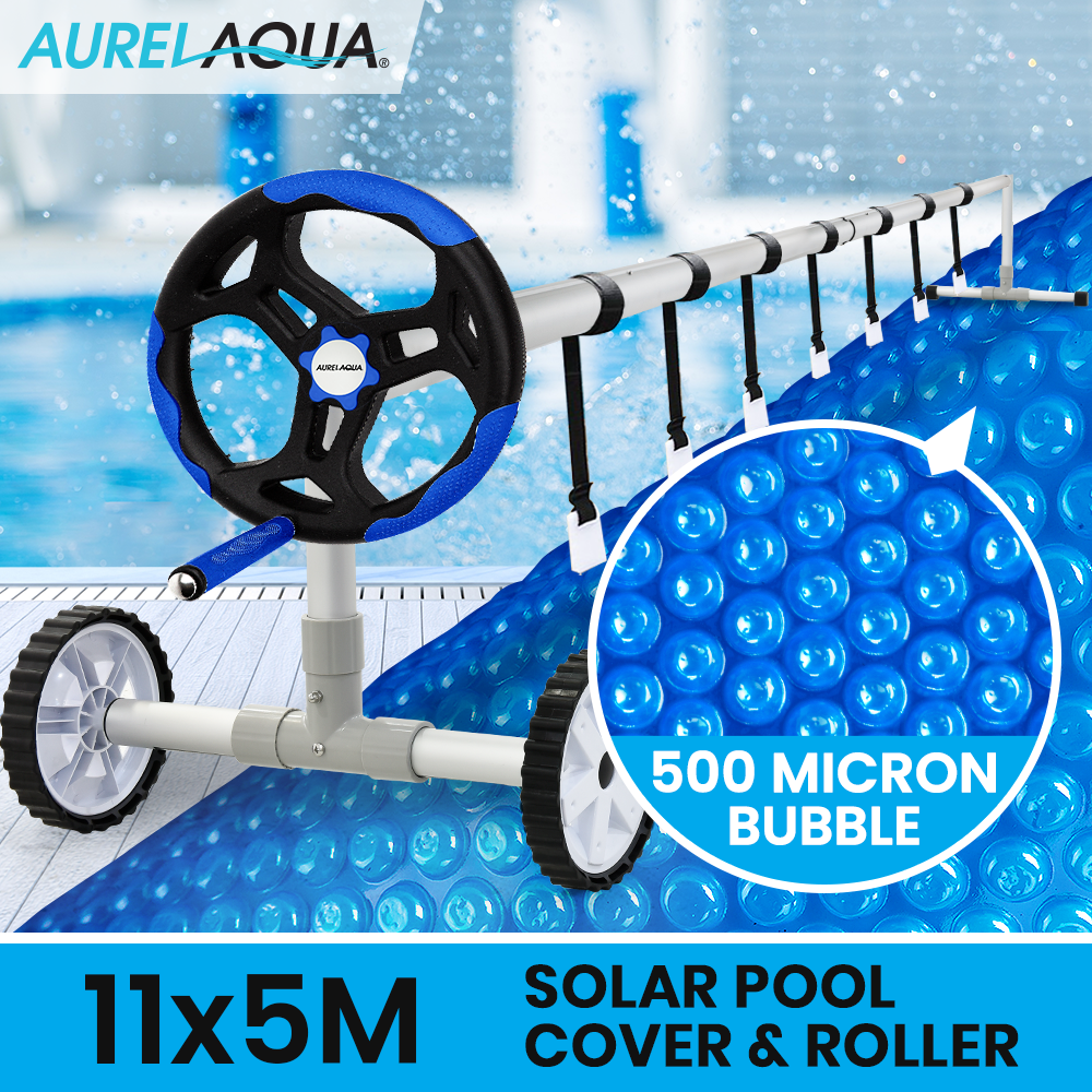 AURELAQUA Pool Cover Roller and 11x5m Solar Blanket 500 Micron, Blue/Blue