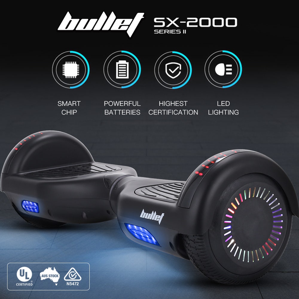 BULLET SX-2000 Hoverboard Scooter, 500W Brushless, Superior Self Balancing System, UL Certified, LED Lights, Black