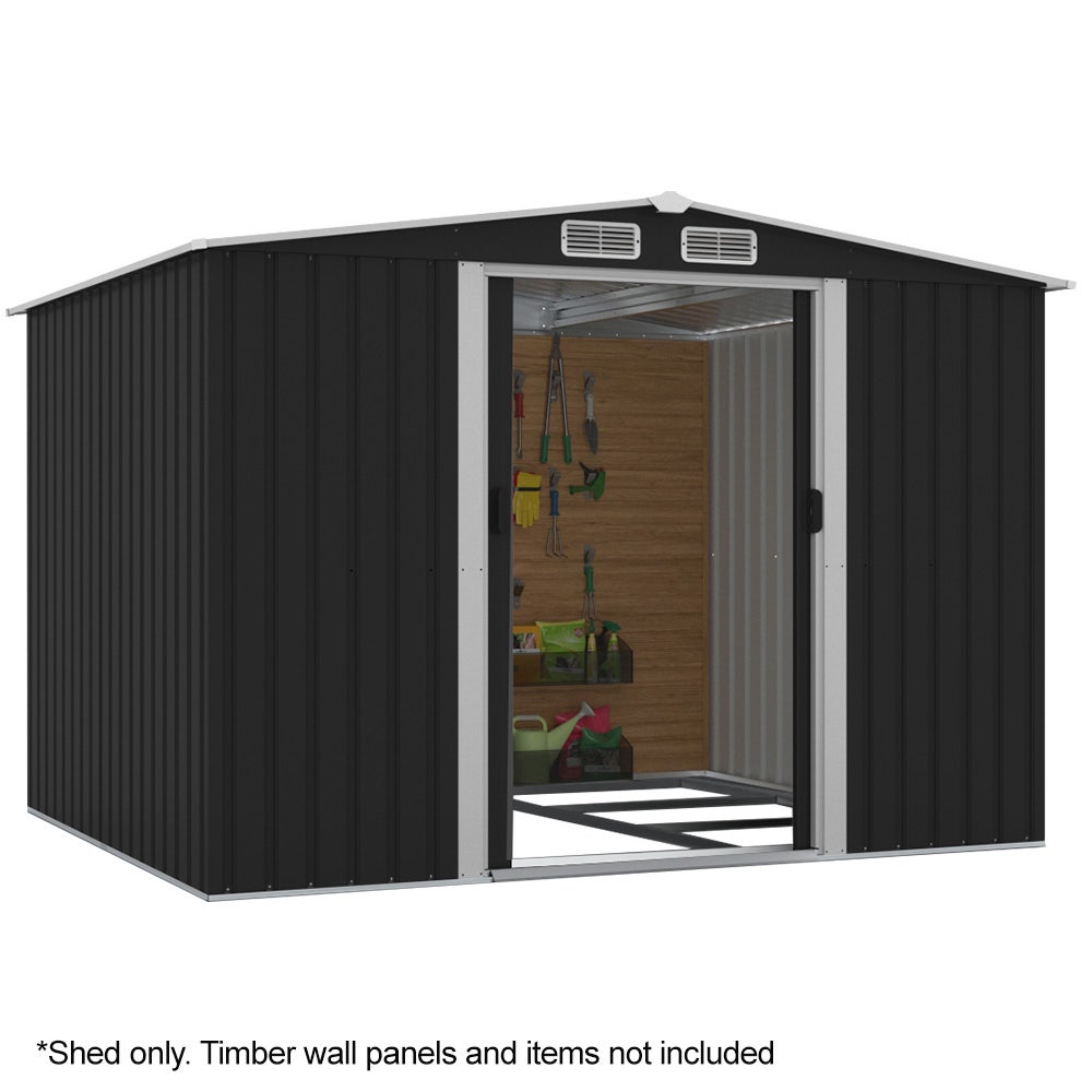PLANTCRAFT Galvanised Steel Garden Shed 2.58 x 2.07 x 2.02m, with 2 Sliding Doors, 4 Air Vents, Gable Roof, Floor Frame