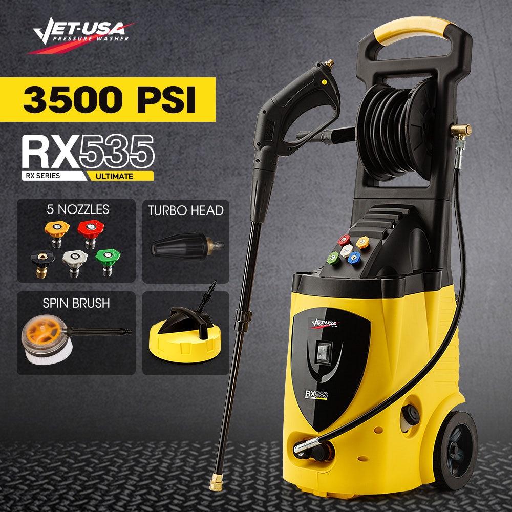JET-USA Electric High Pressure Washer 3500PSI, 5 Nozzles, Spin & Wheel Brush, Deck Cleaner, Turbo Head, 10M Hose