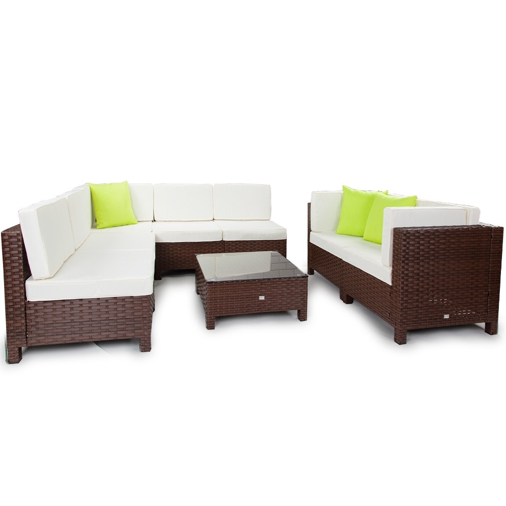 LONDON RATTAN Modular Sofa Outdoor Furniture Set 8pc Wicker Brown Cream