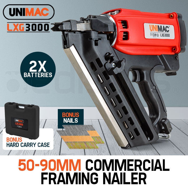 UNIMAC LXG3000 50-90mm 34-Deg Cordless Gas Framing Nail Gun, Commercial Gas Nailer, with 2 Li-Ion Batteries