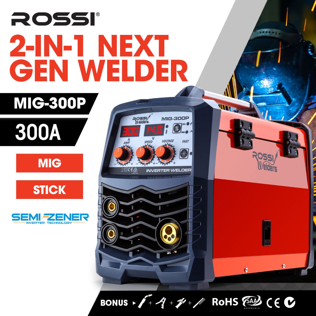 ROSSI 300 Amp MIG Stick Welder, Portable DC Gas Gasless Inverter Welding Machine, 15A Plug
